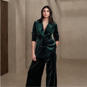 Banana Republic Velvet Double-Breasted Blazer and Wide-Leg Pants - Dark Green